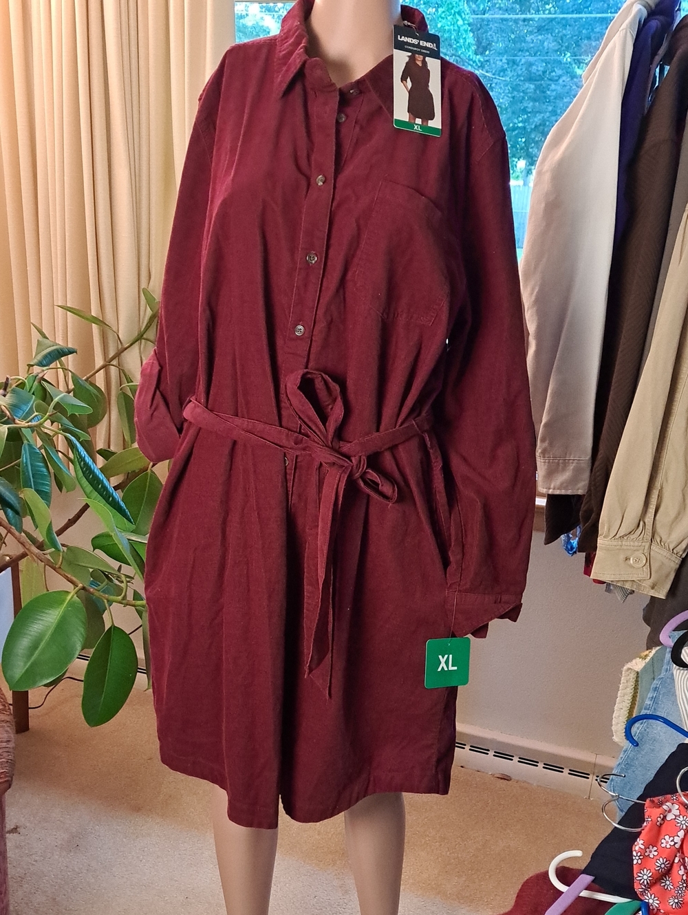 Lands' End Courdery Burgundy Long-Sleeve Shirt Dress with Tie Waist